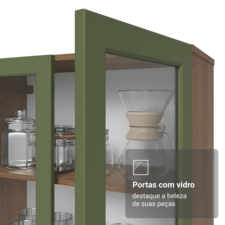 Cristaleira 70 cm 2 Portas de Vidro com Pés Cônicos Rustic/Verde/Rustic Vik Madesa