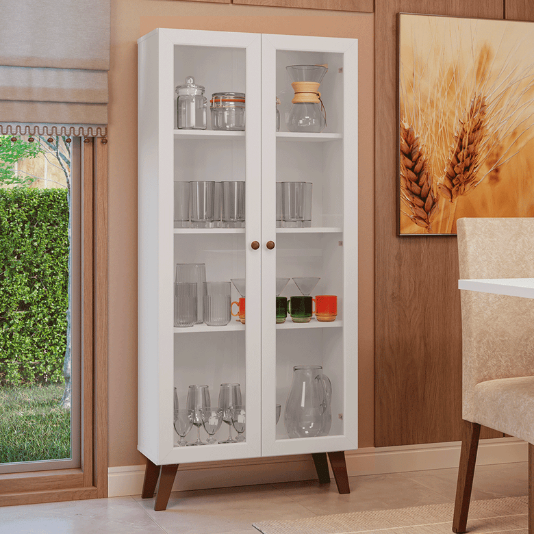 Cristaleira 70 cm 2 Portas de Vidro com Pés Trapézio Branco/Rustic Vik Madesa