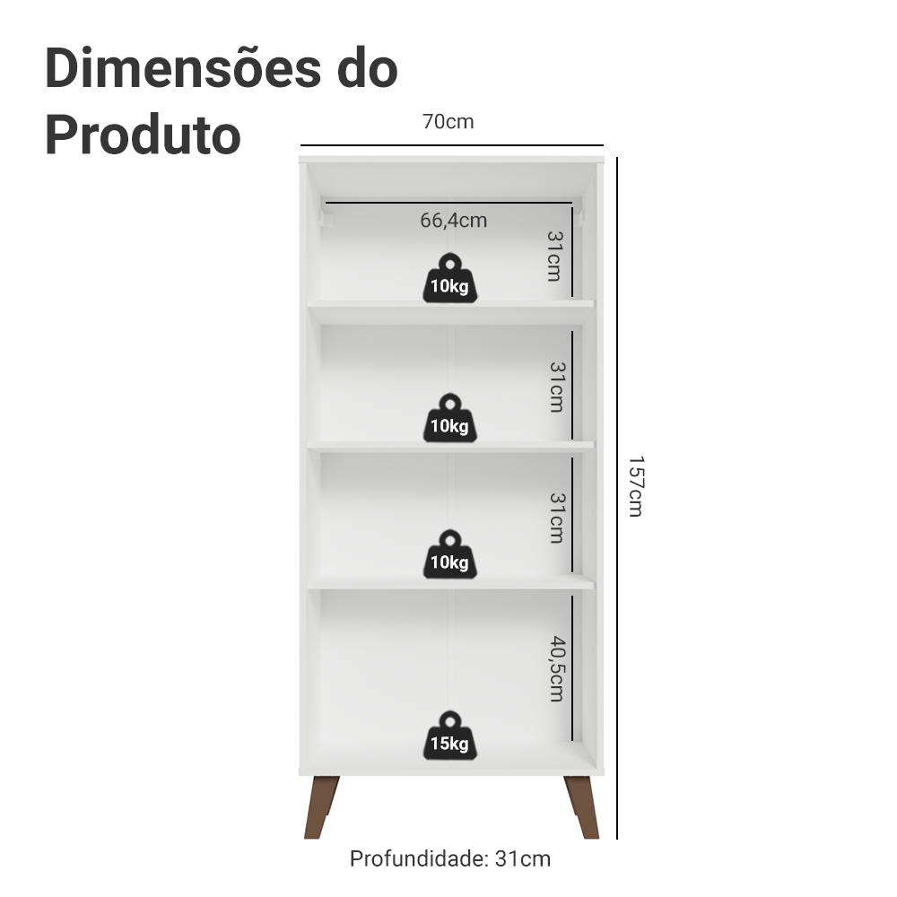 Cristaleira 70 cm 2 Portas de Vidro com Pés Trapézio Branco/Rustic Vik Madesa