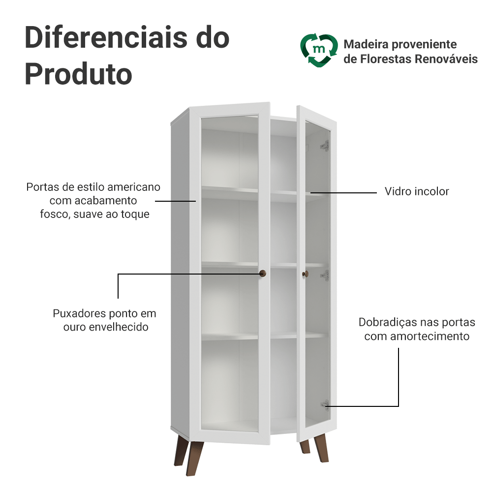 Cristaleira 70 cm 2 Portas de Vidro com Pés Trapézio Branco/Rustic Vik Madesa