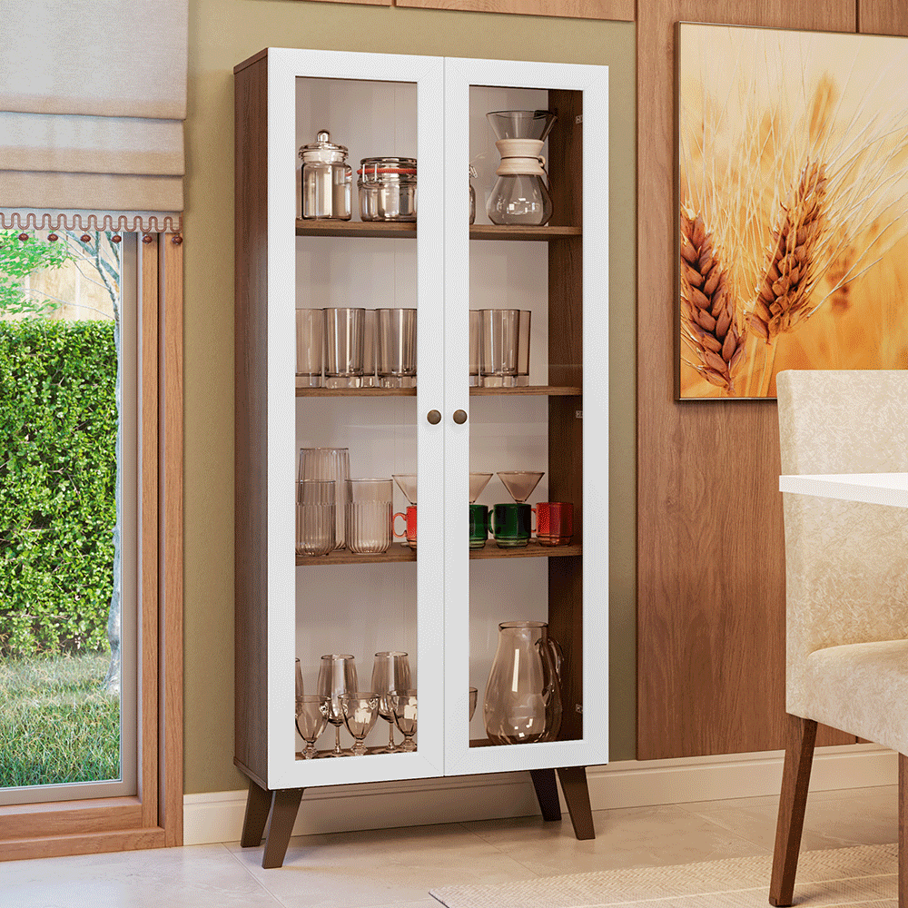 Cristaleira 70 cm 2 Portas de Vidro com Pés Trapézio Rustic/Branco/Rustic Vik Madesa - Rustic/Branco