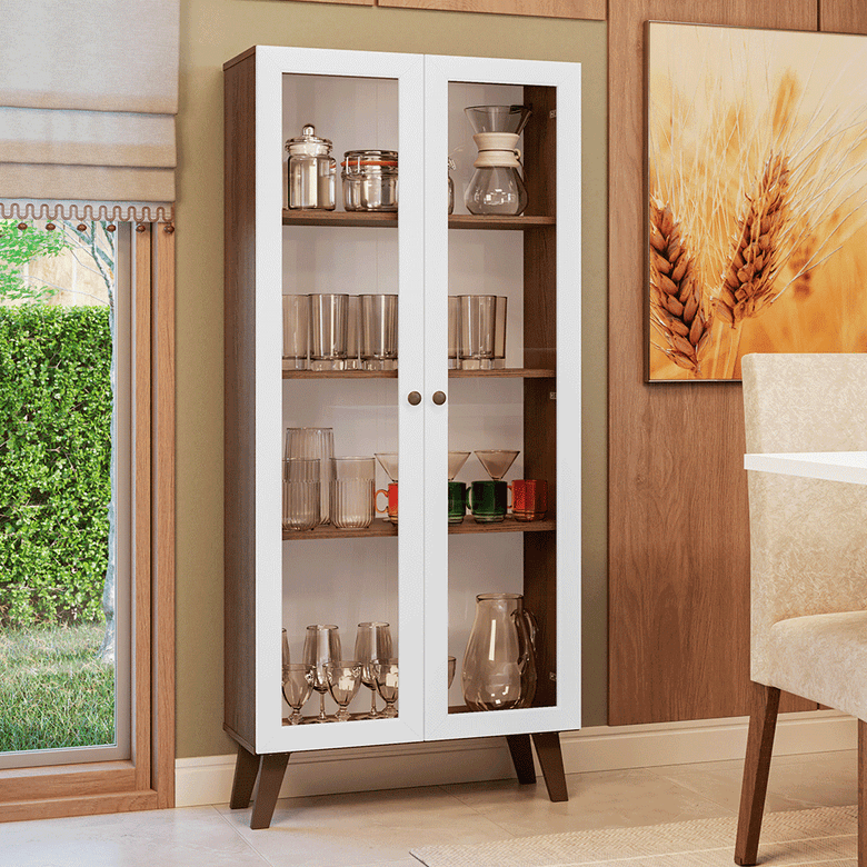 Cristaleira 70 cm 2 Portas de Vidro com Pés Trapézio Rustic/Branco/Rustic Vik Madesa