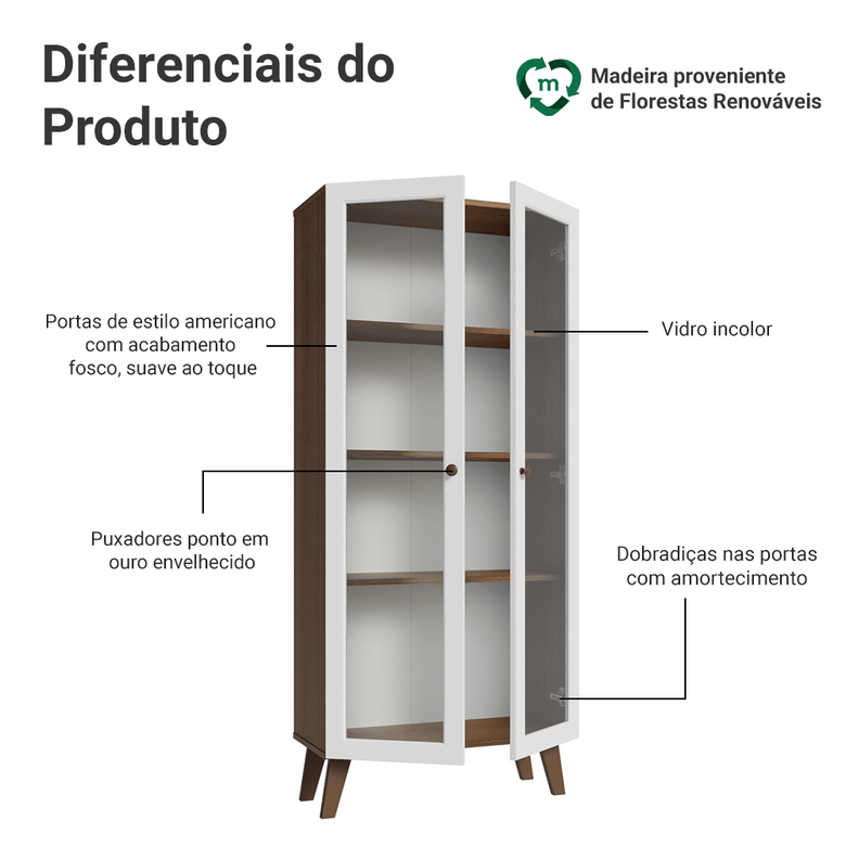 Cristaleira 70 cm 2 Portas de Vidro com Pés Trapézio Rustic/Branco/Rustic Vik Madesa