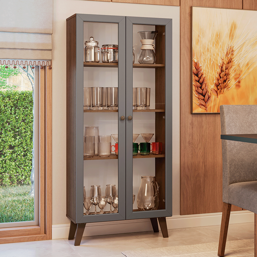 Cristaleira 70 cm 2 Portas de Vidro com Pés Trapézio Rustic/Cinza/Rustic Vik Madesa - Rustic/Cinza