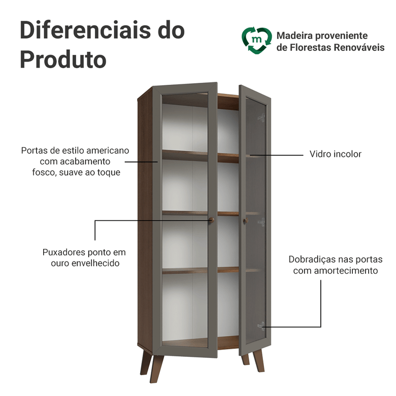 Cristaleira 70 cm 2 Portas de Vidro com Pés Trapézio Rustic/Cinza/Rustic Vik Madesa
