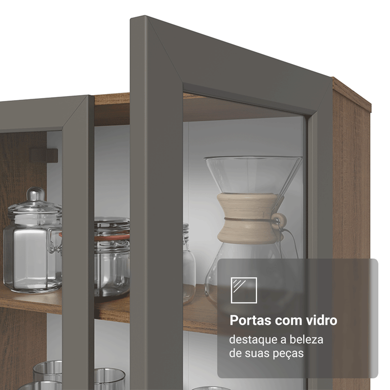 Cristaleira 70 cm 2 Portas de Vidro com Pés Trapézio Rustic/Cinza/Rustic Vik Madesa