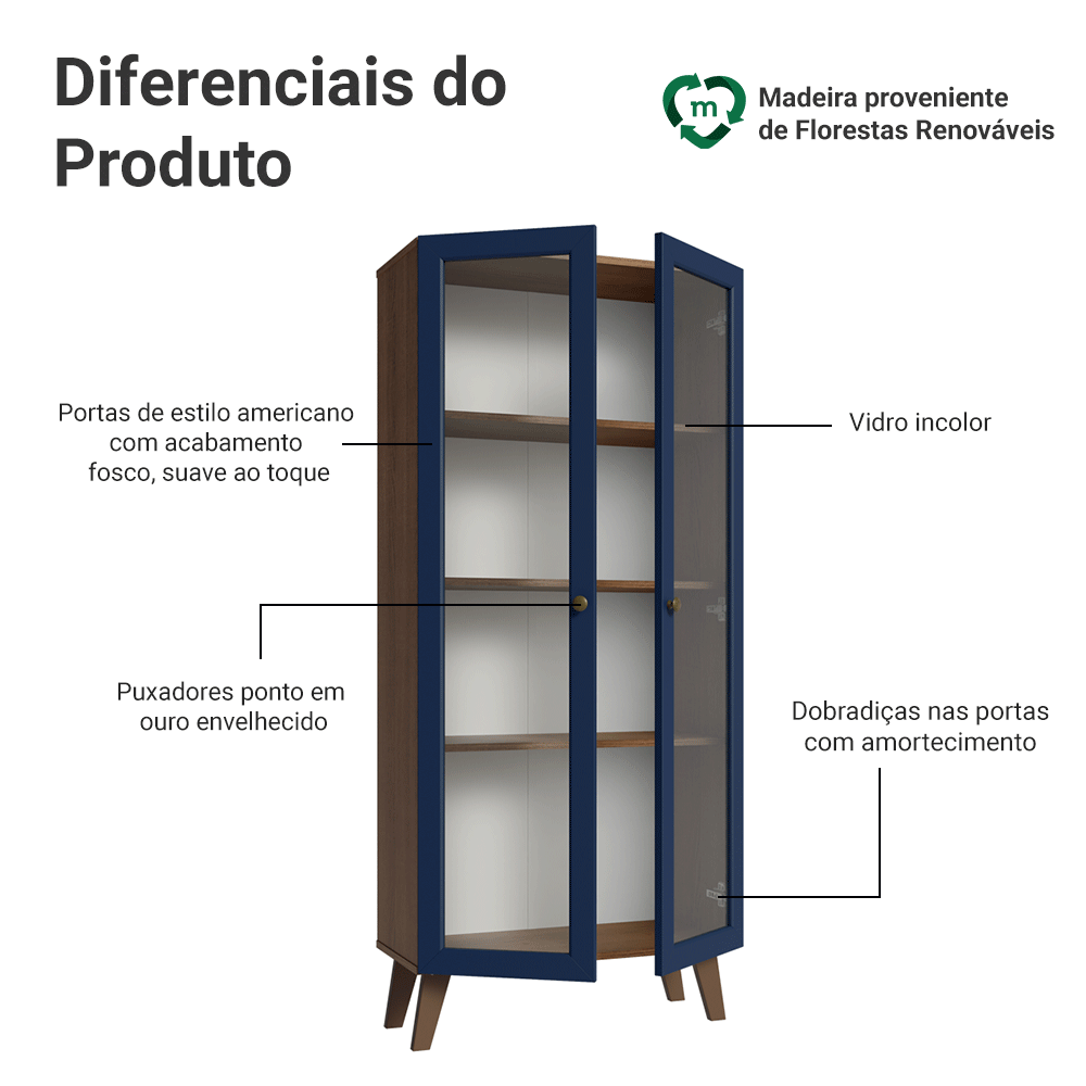 Cristaleira 70 cm 2 Portas de Vidro com Pés Trapézio Rustic/Azul/Rustic Vik Madesa
