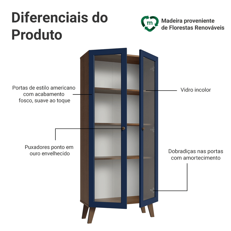 Cristaleira 70 cm 2 Portas de Vidro com Pés Trapézio Rustic/Azul/Rustic Vik Madesa