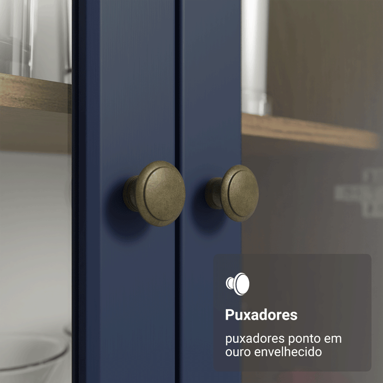 Cristaleira 70 cm 2 Portas de Vidro com Pés Trapézio Rustic/Azul/Rustic Vik Madesa