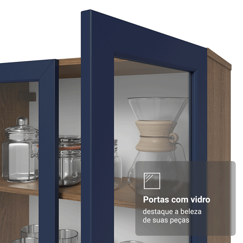 Cristaleira 70 cm 2 Portas de Vidro com Pés Trapézio Rustic/Azul/Rustic Vik Madesa