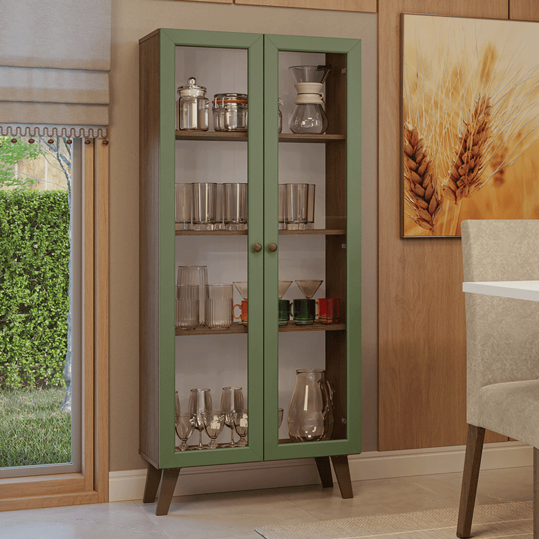 Cristaleira 70 cm 2 Portas de Vidro com Pés Trapézio Rustic/Verde/Rustic Vik Madesa