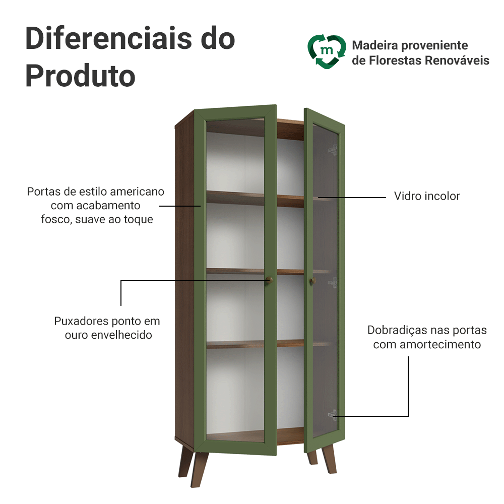 Cristaleira 70 cm 2 Portas de Vidro com Pés Trapézio Rustic/Verde/Rustic Vik Madesa