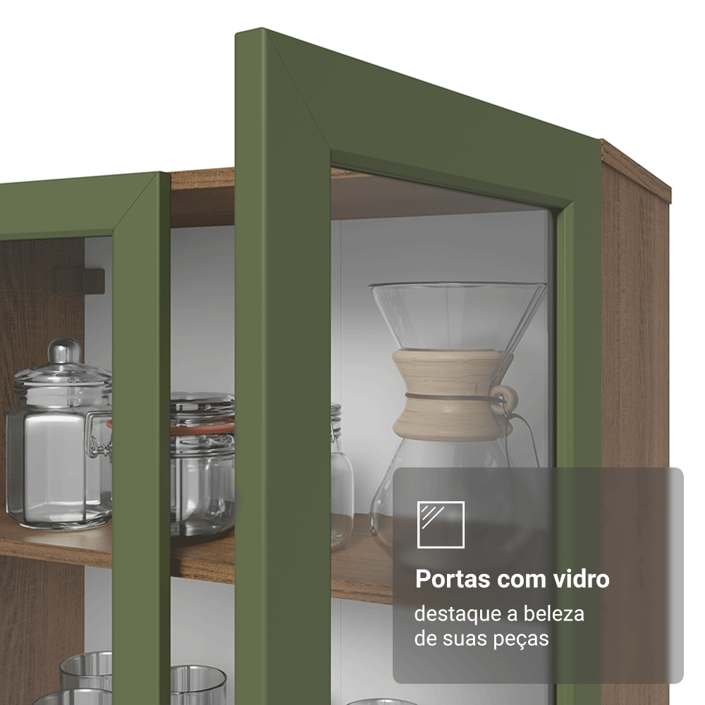 Cristaleira 70 cm 2 Portas de Vidro com Pés Trapézio Rustic/Verde/Rustic Vik Madesa