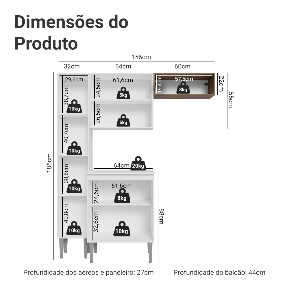 Armário de Cozinha Compacta 156 cm Branco/Rustic Emilly Madesa 01