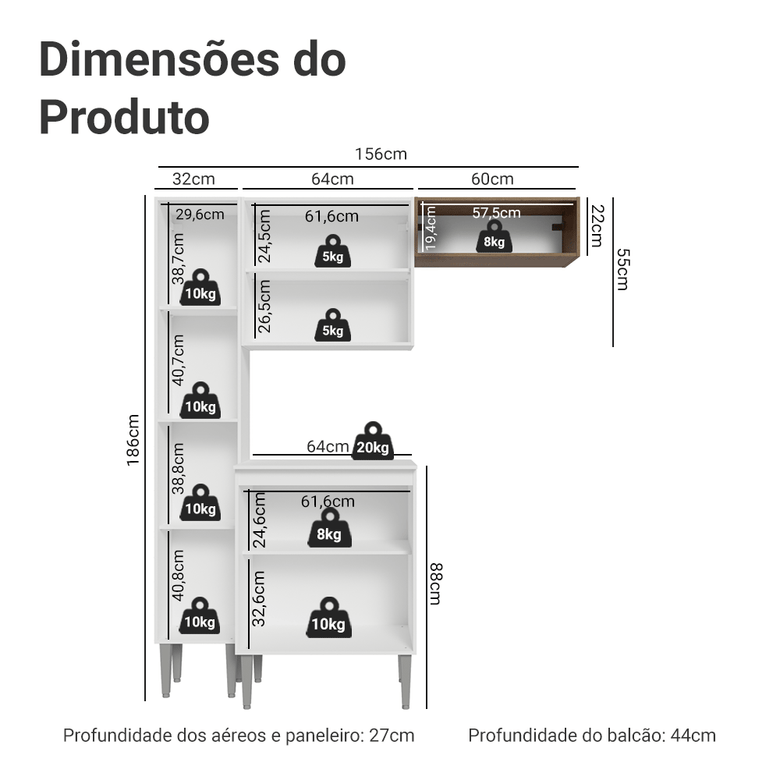 Armário de Cozinha Compacta 156 cm Branco/Rustic Emilly Madesa 01