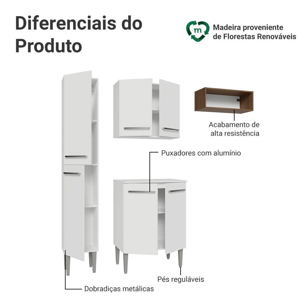 Armário de Cozinha Compacta 156 cm Branco/Rustic Emilly Madesa 01