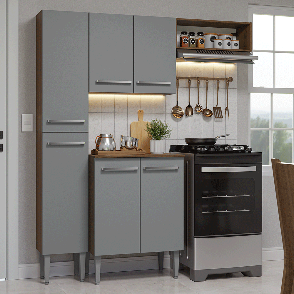 Armário de Cozinha Compacta 156 cm Rustic/Cinza Emilly Madesa 01 - Rustic/Cinza