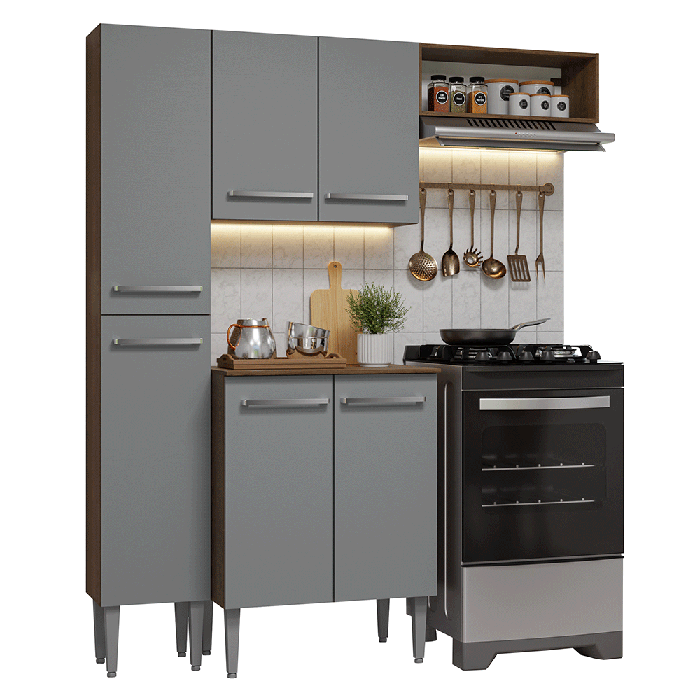 Armário de Cozinha Compacta 156 cm Rustic/Cinza Emilly Madesa 01 - Rustic/Cinza