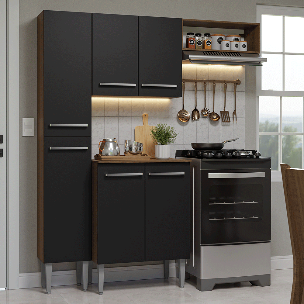 Armário de Cozinha Compacta 156 cm Rustic/Preto Emilly Madesa 01 - Rustic/Preto