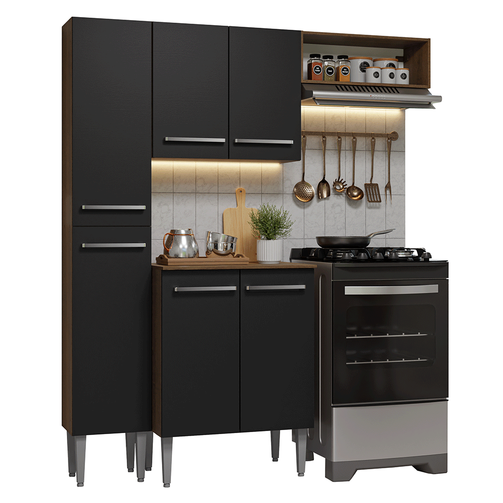 Armário de Cozinha Compacta 156 cm Rustic/Preto Emilly Madesa 01 - Rustic/Preto
