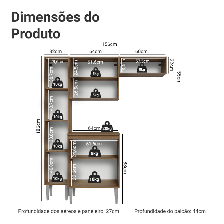 Armário de Cozinha Compacta 156 cm Rustic/Preto Emilly Madesa 01