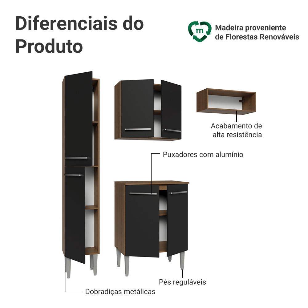 Armário de Cozinha Compacta 156 cm Rustic/Preto Emilly Madesa 01