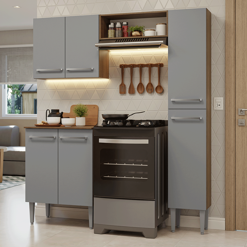 Armário de Cozinha Compacta 156 cm Rustic/Cinza Emilly Madesa 02 - Rustic/Cinza