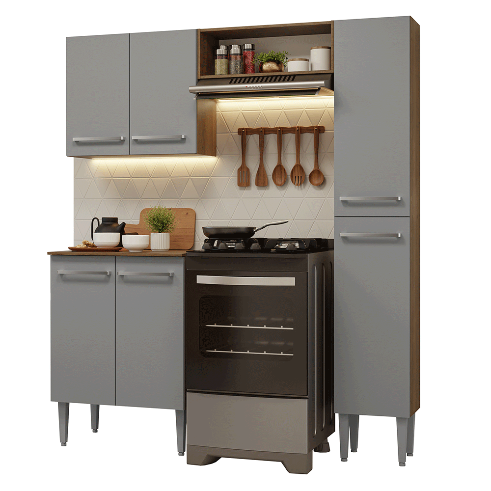 Armário de Cozinha Compacta 156 cm Rustic/Cinza Emilly Madesa 02 - Rustic/Cinza