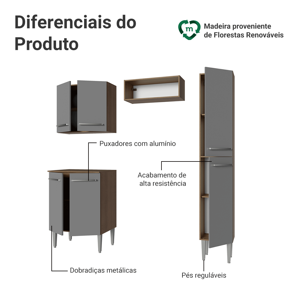 Armário de Cozinha Compacta 156 cm Rustic/Cinza Emilly Madesa 02
