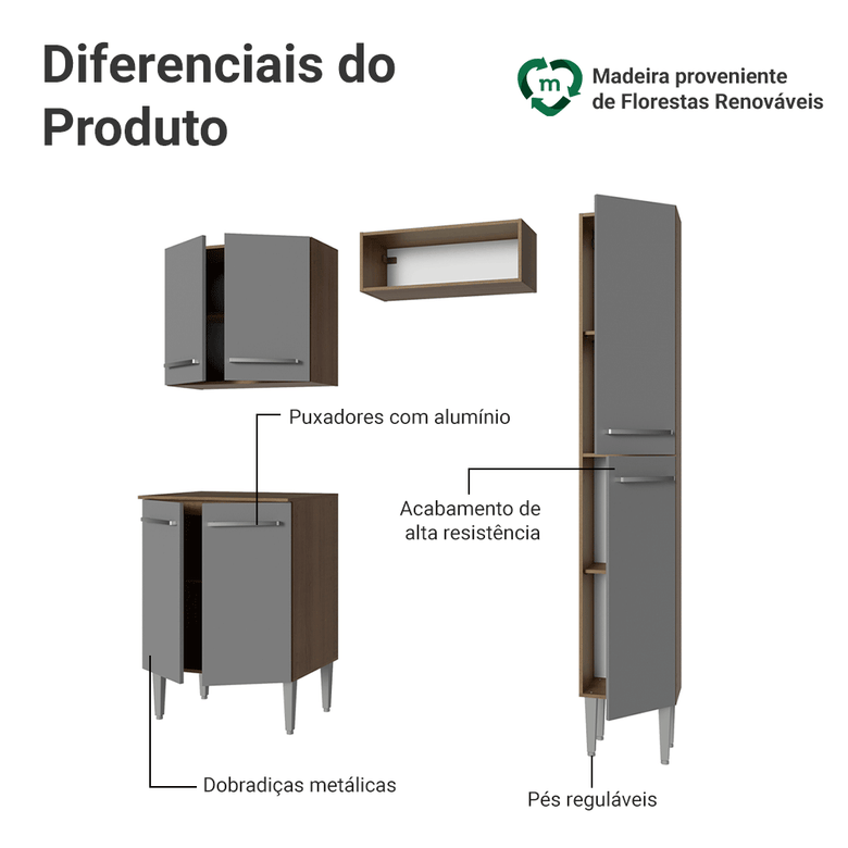 Armário de Cozinha Compacta 156 cm Rustic/Cinza Emilly Madesa 02
