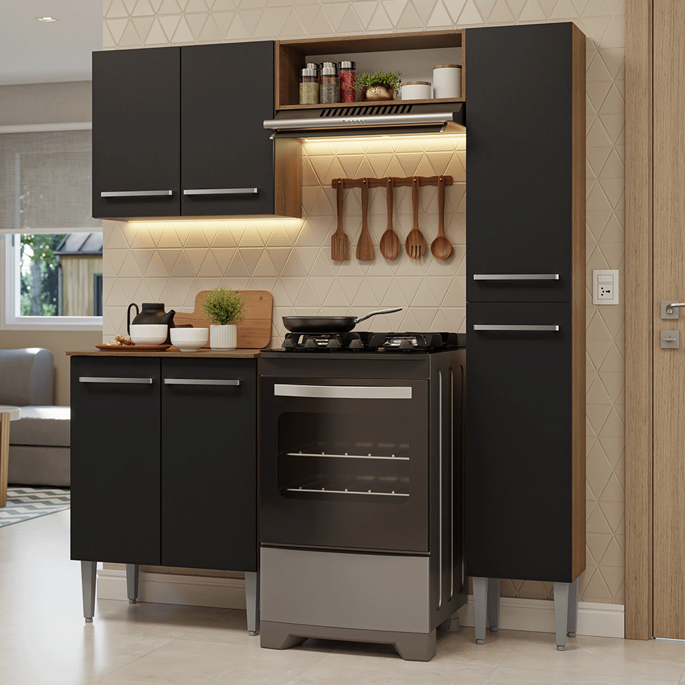 Armário de Cozinha Compacta 156 cm Rustic/Preto Emilly Madesa 02 - Rustic/Preto