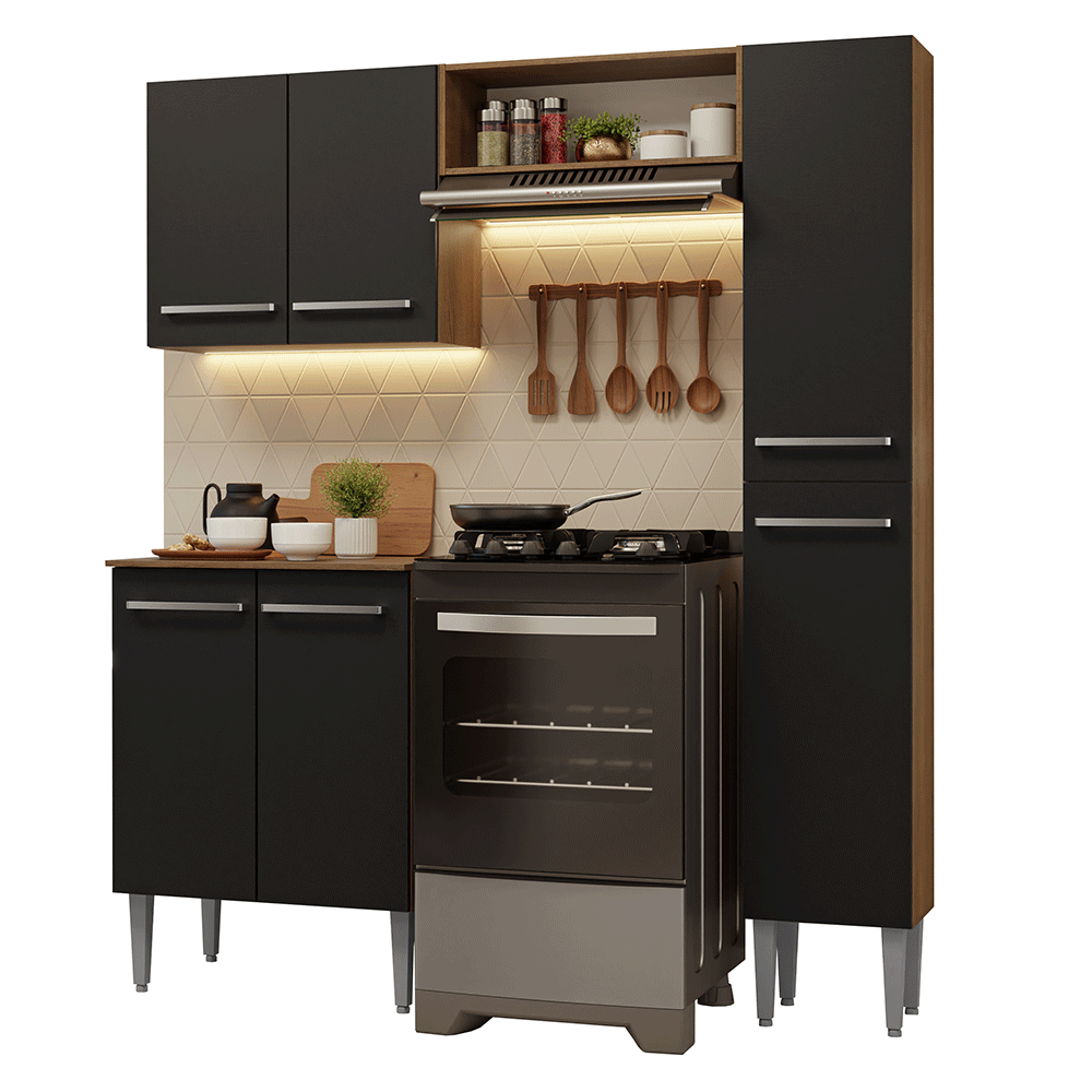 Armário de Cozinha Compacta 156 cm Rustic/Preto Emilly Madesa 02 - Rustic/Preto