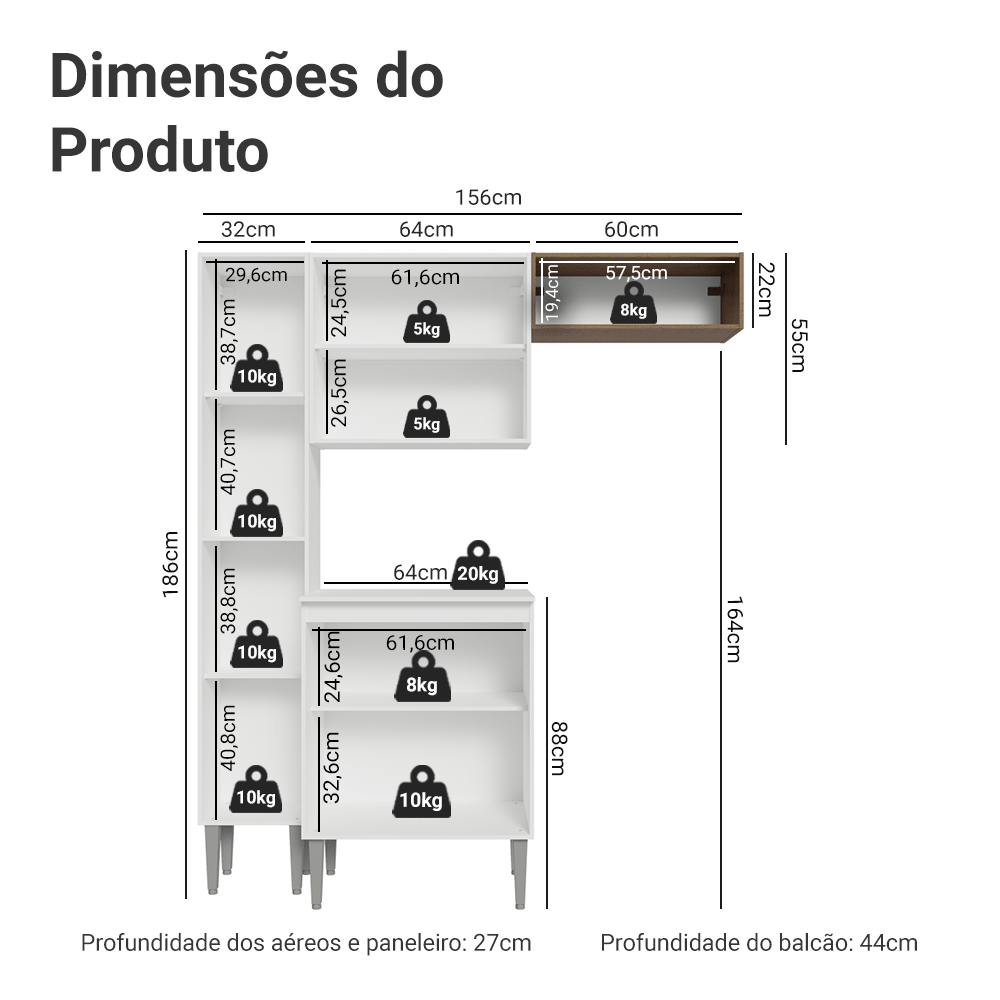 Armário de Cozinha Compacta 156 cm Branco/Rustic Emilly Madesa 03