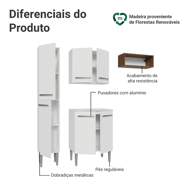 Armário de Cozinha Compacta 156 cm Branco/Rustic Emilly Madesa 03