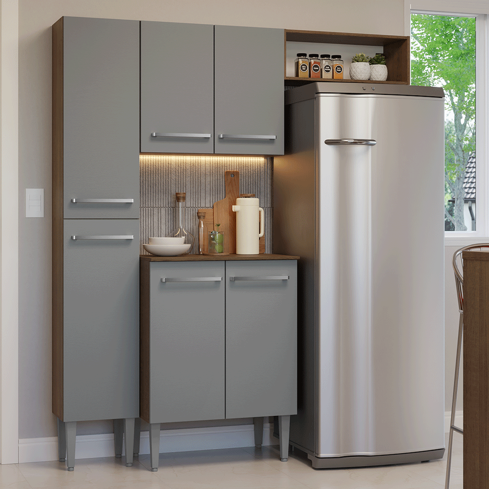 Armário de Cozinha Compacta 156 cm Rustic/Cinza Emilly Madesa 03 - Rustic/Cinza