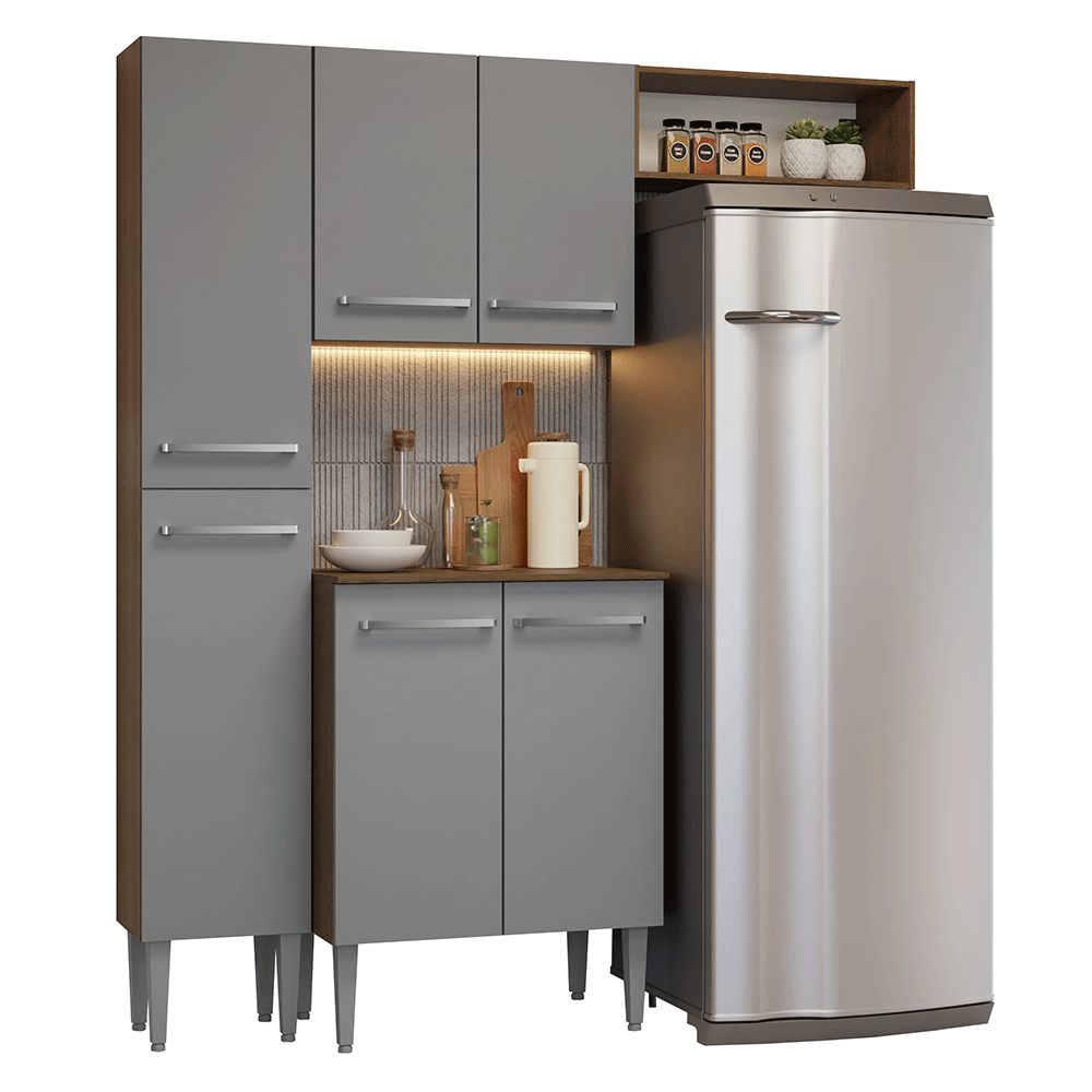 Armário de Cozinha Compacta 156 cm Rustic/Cinza Emilly Madesa 03 - Rustic/Cinza
