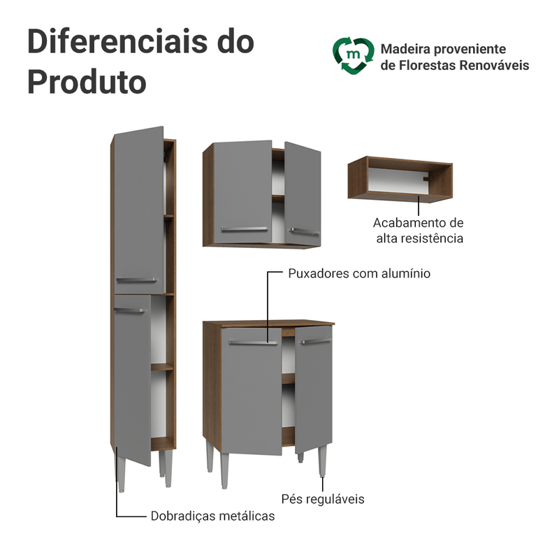 Armário de Cozinha Compacta 156 cm Rustic/Cinza Emilly Madesa 03