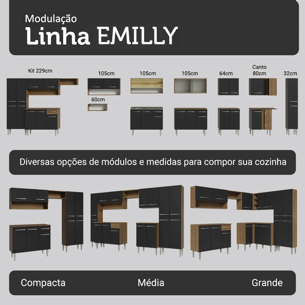 Armário de Cozinha Compacta 156 cm Rustic/Preto Emilly Madesa 03