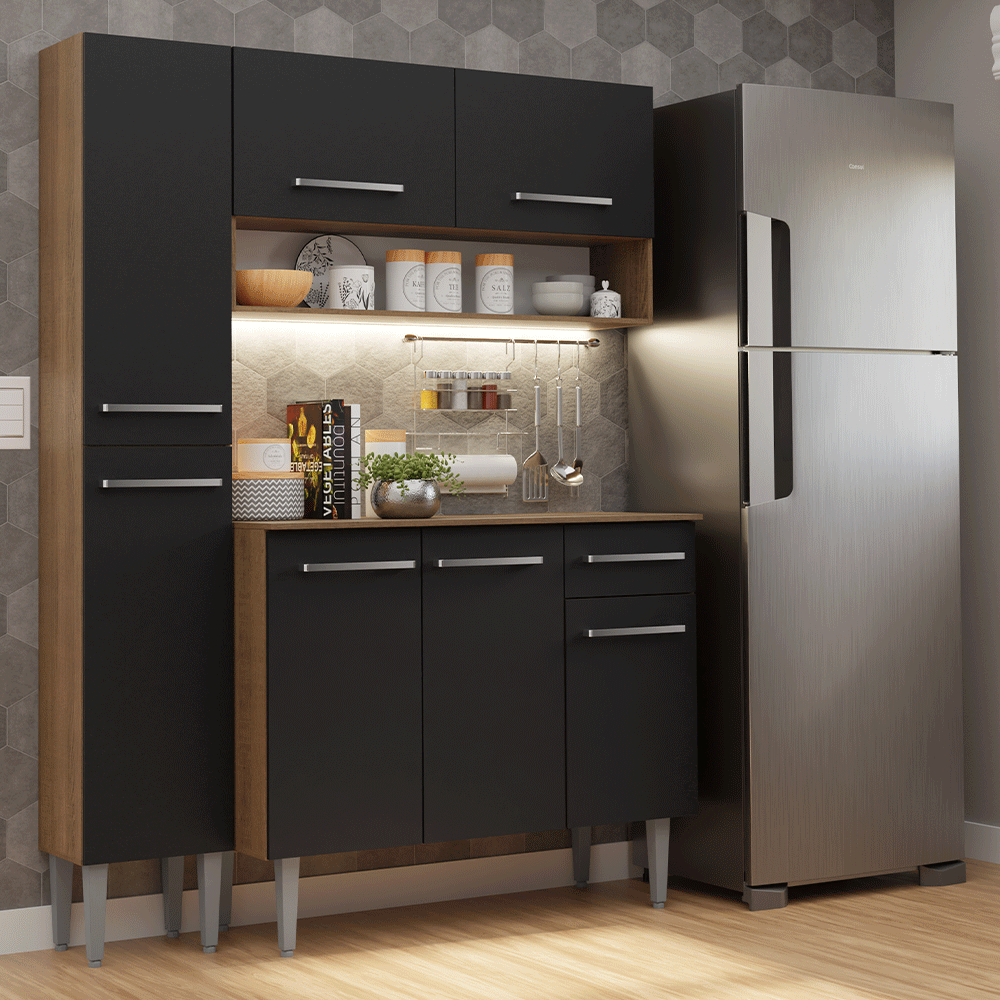 Armário de Cozinha Compacta 137 cm Rustic/Preto Emilly Madesa 012 - Rustic/Preto