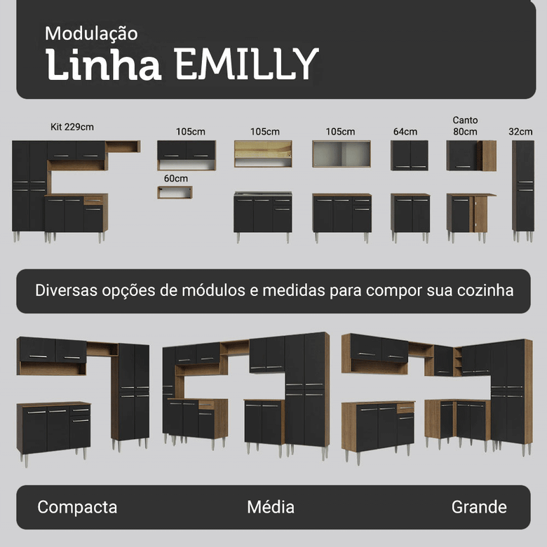 Armário de Cozinha Compacta 137 cm Rustic/Preto Emilly Madesa 012