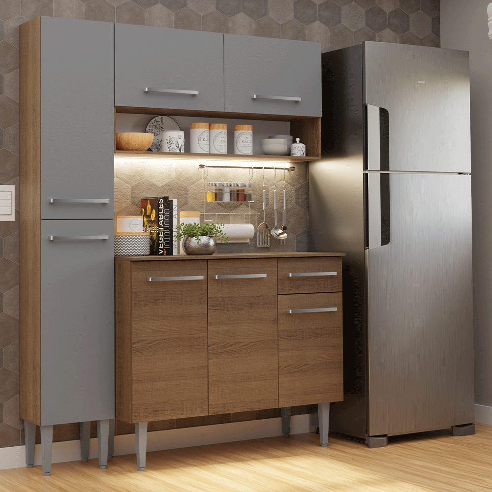 Armário de Cozinha Compacta 137 cm Rustic/Cinza Emilly Madesa 012 - Rustic/Cinza