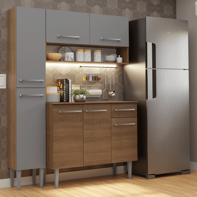 Armário de Cozinha Compacta 137 cm Rustic/Cinza Emilly Madesa 012