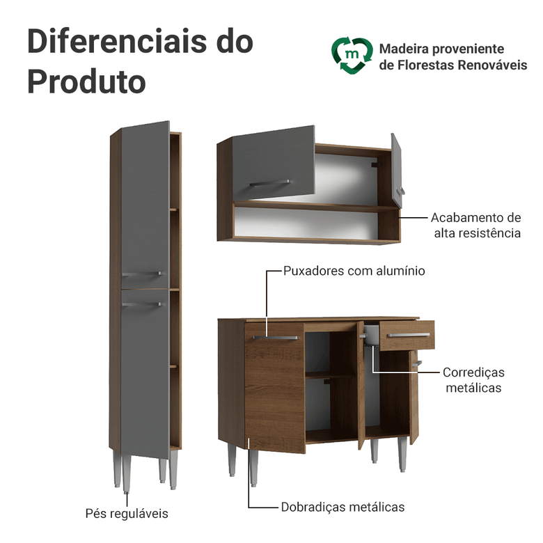 Armário de Cozinha Compacta 137 cm Rustic/Cinza Emilly Madesa 012