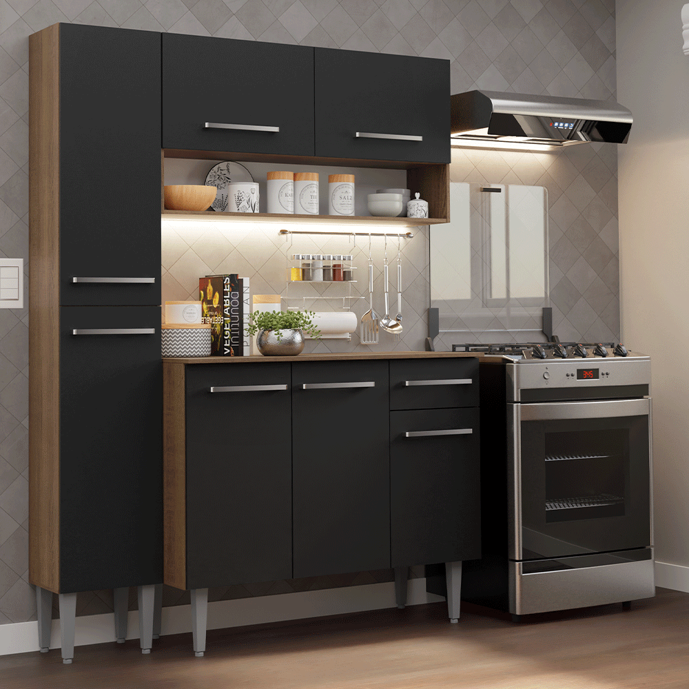 Armário de Cozinha Compacta 137 cm Rustic/Preto Emilly Madesa 011 - Rustic/Preto