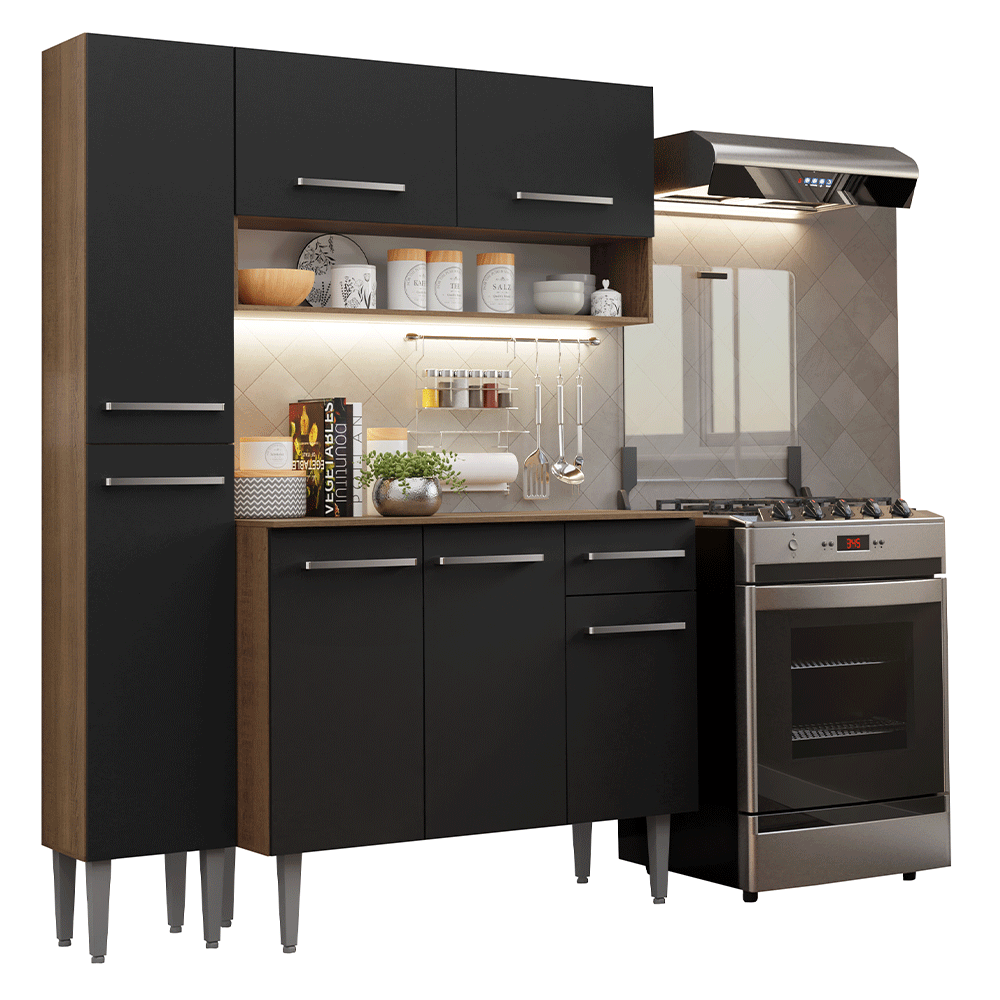 Armário de Cozinha Compacta 137 cm Rustic/Preto Emilly Madesa 011 - Rustic/Preto