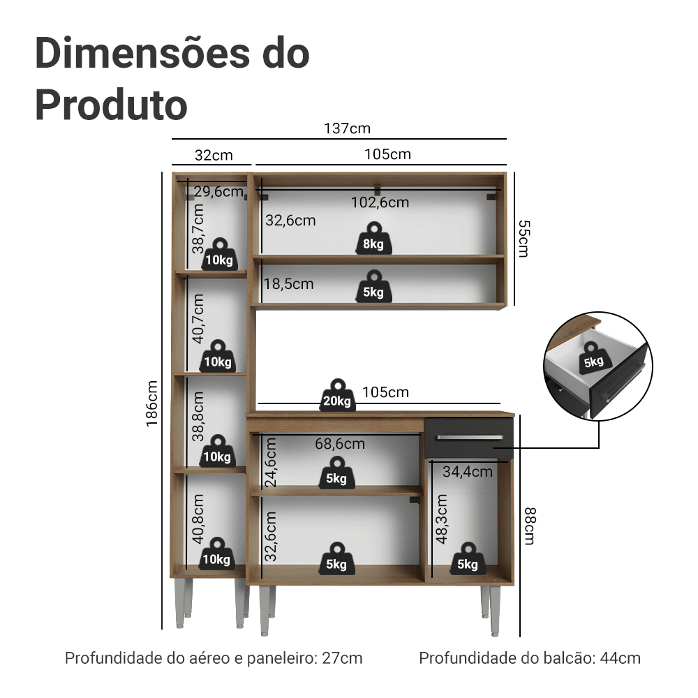 Armário de Cozinha Compacta 137 cm Rustic/Preto Emilly Madesa 011
