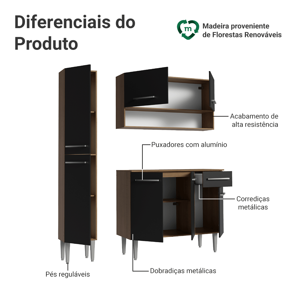 Armário de Cozinha Compacta 137 cm Rustic/Preto Emilly Madesa 011