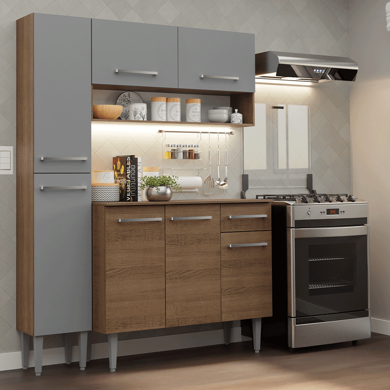 Armário de Cozinha Compacta 137 cm Rustic/Cinza Emilly Madesa 011
