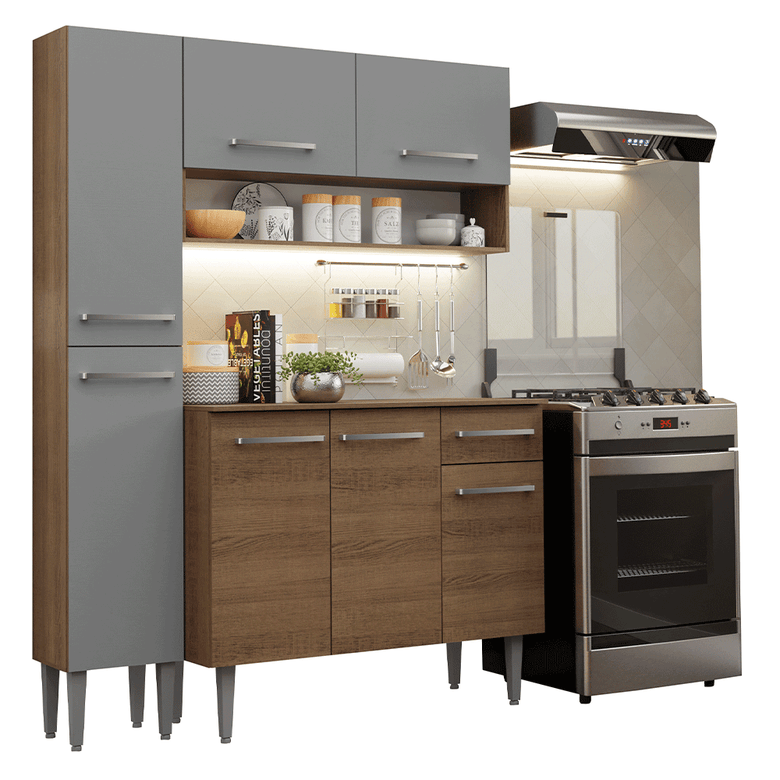 Armário de Cozinha Compacta 137 cm Rustic/Cinza Emilly Madesa 011