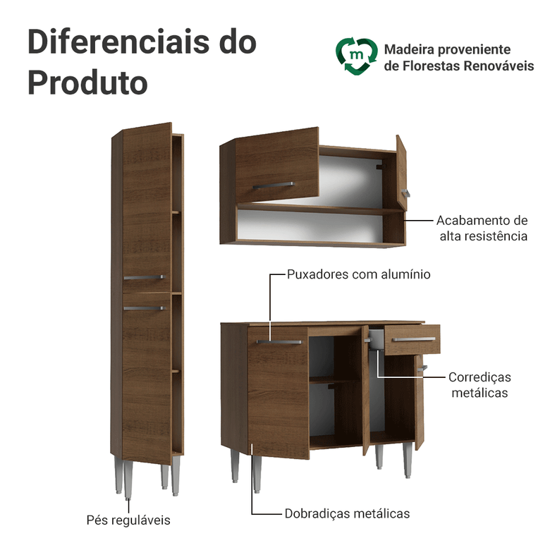 Armário de Cozinha Compacta 137 cm Rustic Emilly Madesa 011